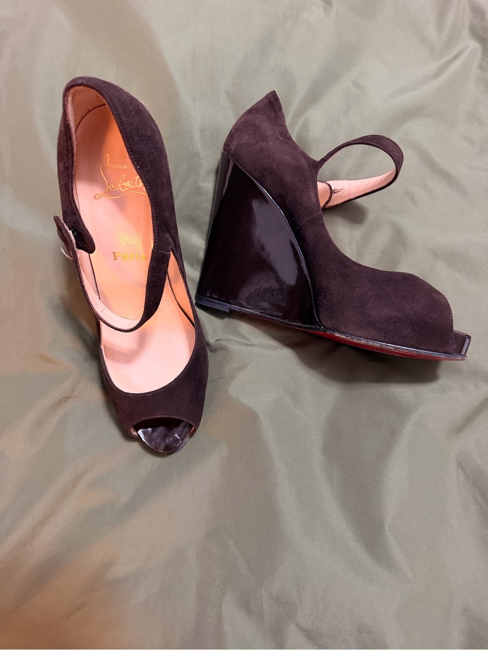 Christian Louboutin Brown Suede Peep-Toe Mary Jane Wedges